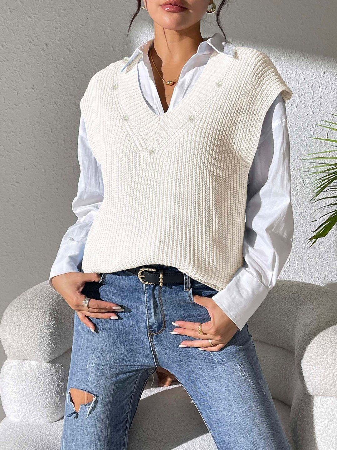 Women Ribbed Woollen Sweater Vest with Embellished Detail