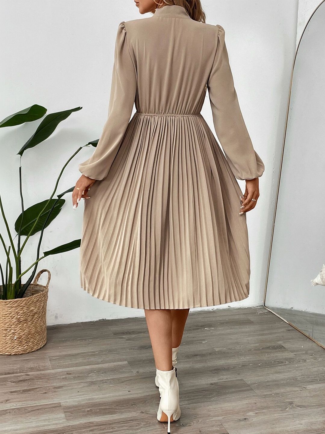 Women's Beige Tie-Up Neck Fit & Flare Midi Dress Blend