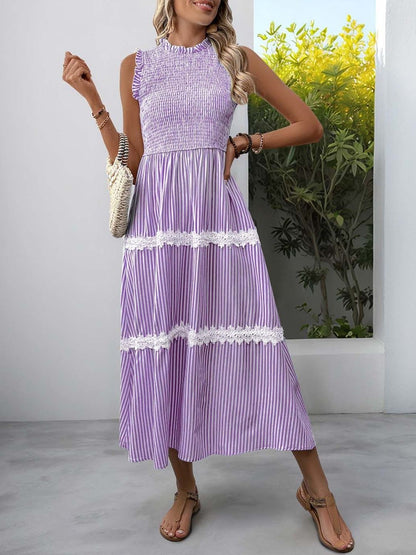 Striped A-Line Midi Dress in Purple - Nowi Korean Fashion