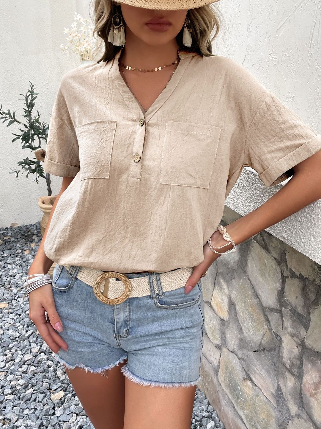 Mandarin Collar Roll-Up Sleeves Cotton Top
