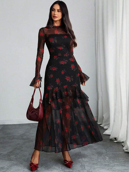 Floral Print Flared Sleeve Ruffled Sheath Maxi Dress