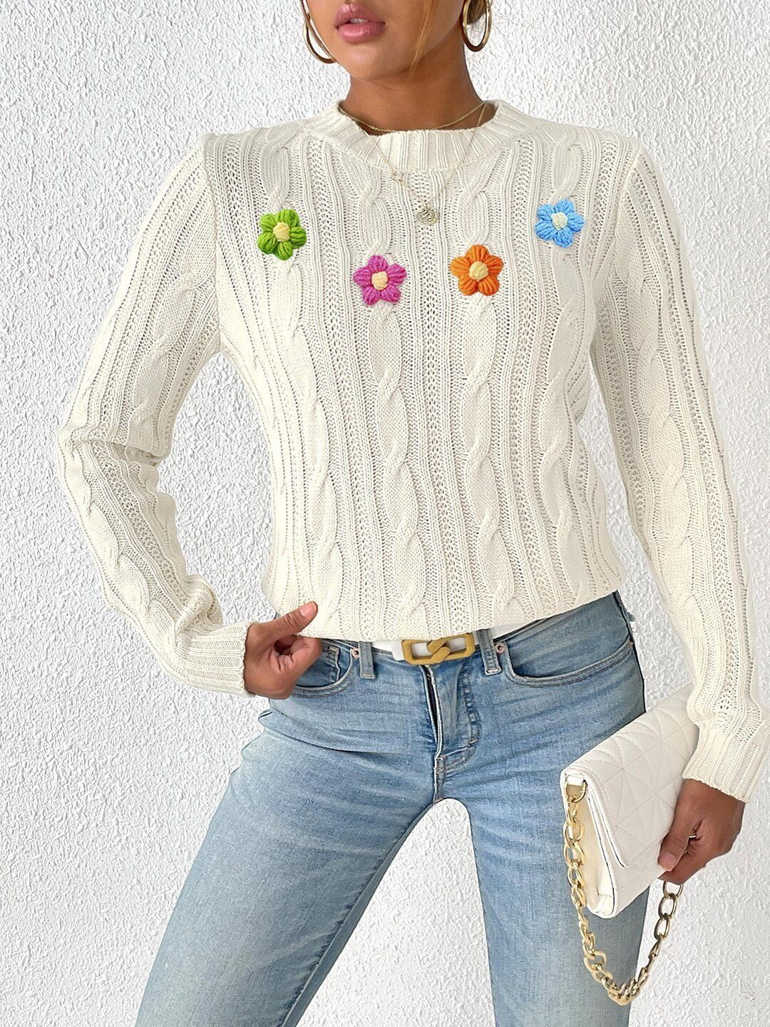 Women Cable Knit Pullover with Applique Detail