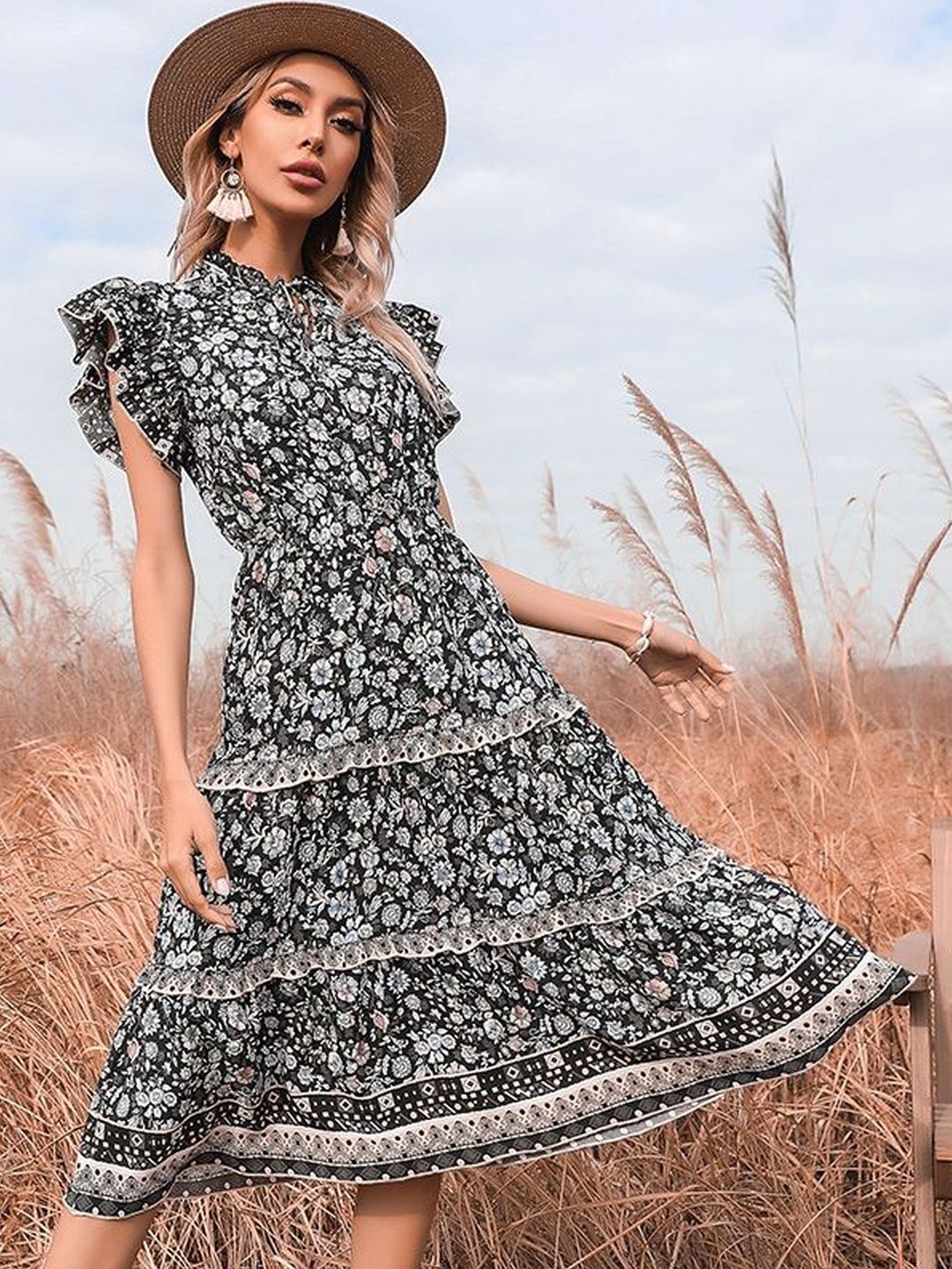 Floral Print Flutter Sleeve Fit & Flare Midi Dress