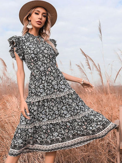 Floral Print Flutter Sleeve Fit & Flare Midi Dress