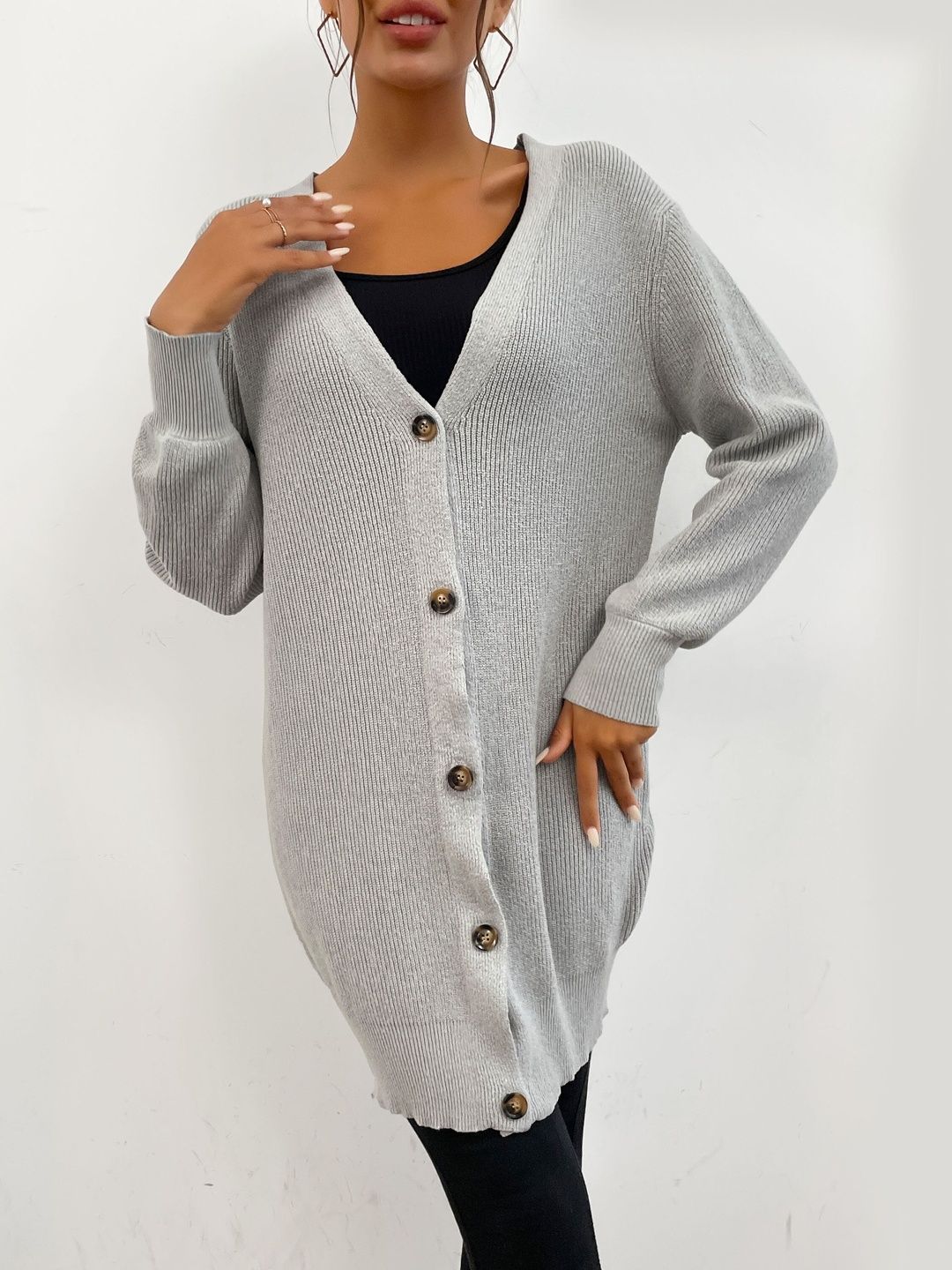 Ribbed Cardigan in Grey - Nowi Korean Fashion