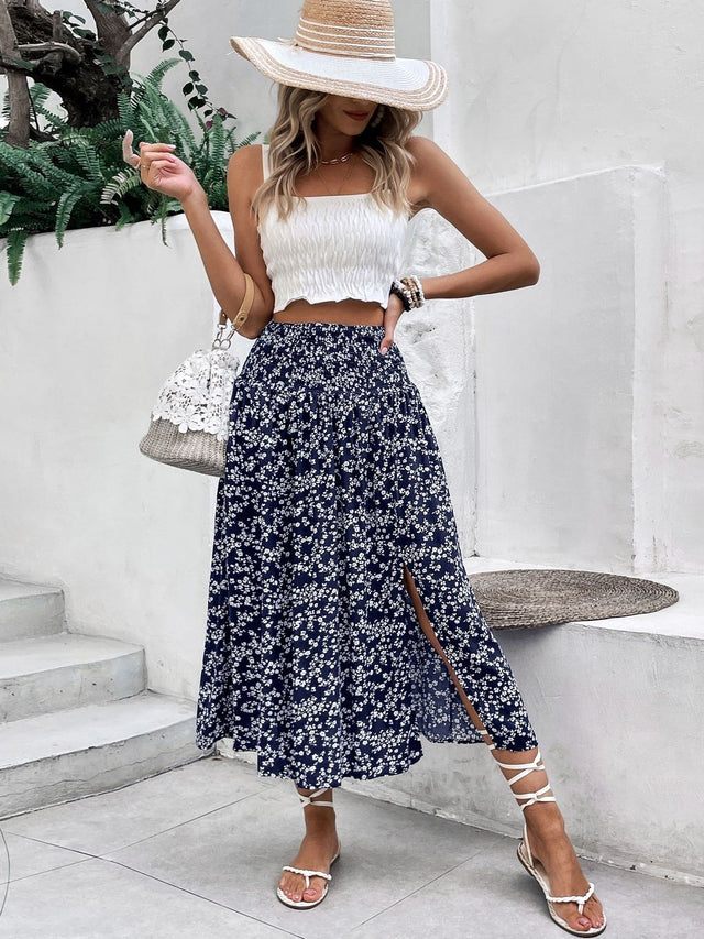 Printed Flared Cotton Skirts in Blue other - Nowi Korean Fashion
