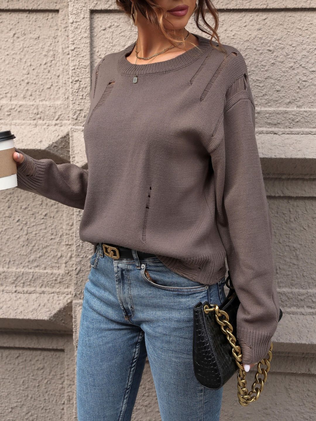 Women's Brown Pullover With Fuzzy Detail Blend