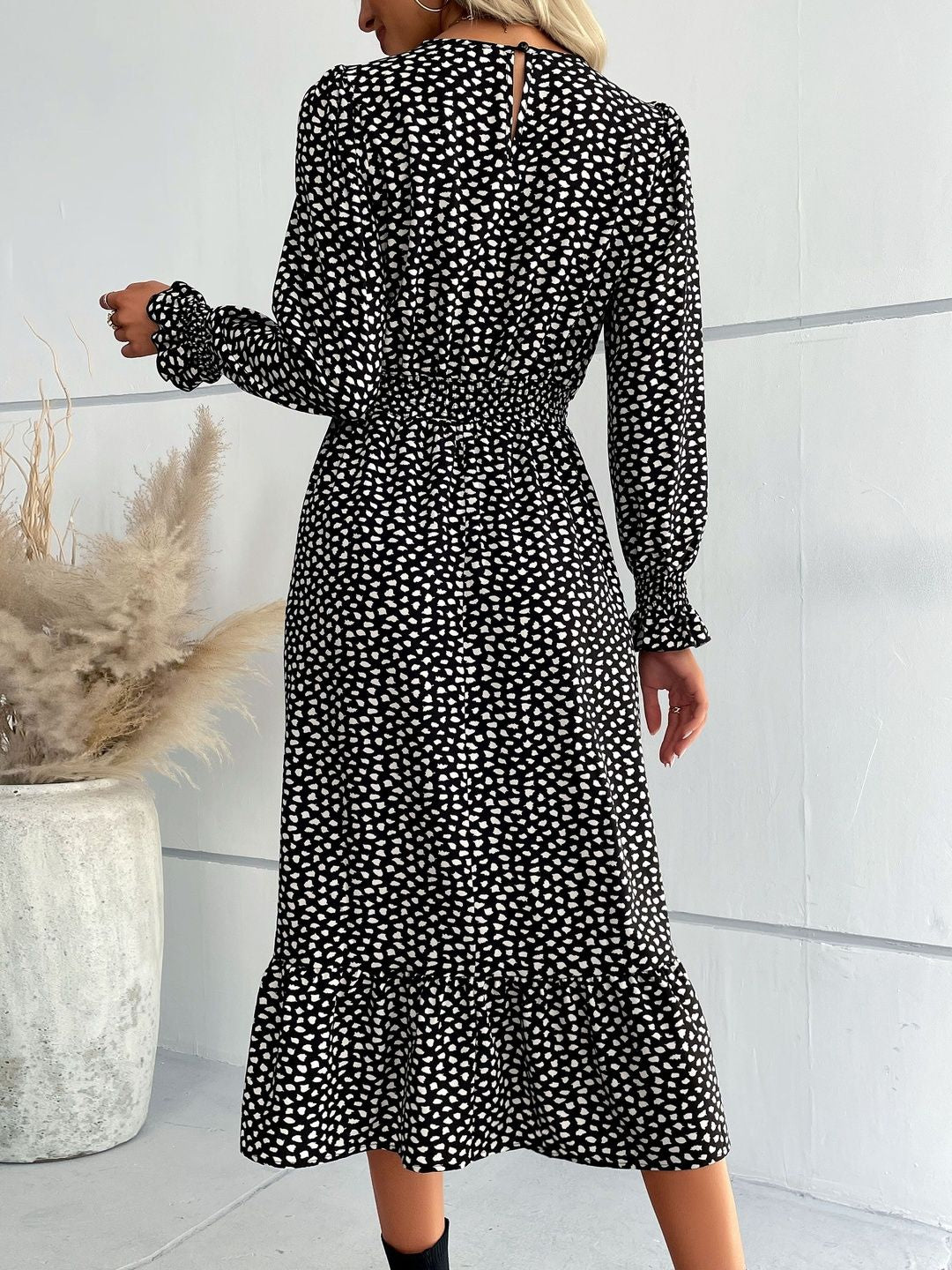 Women's Black Polka Dot Print Midi Dress