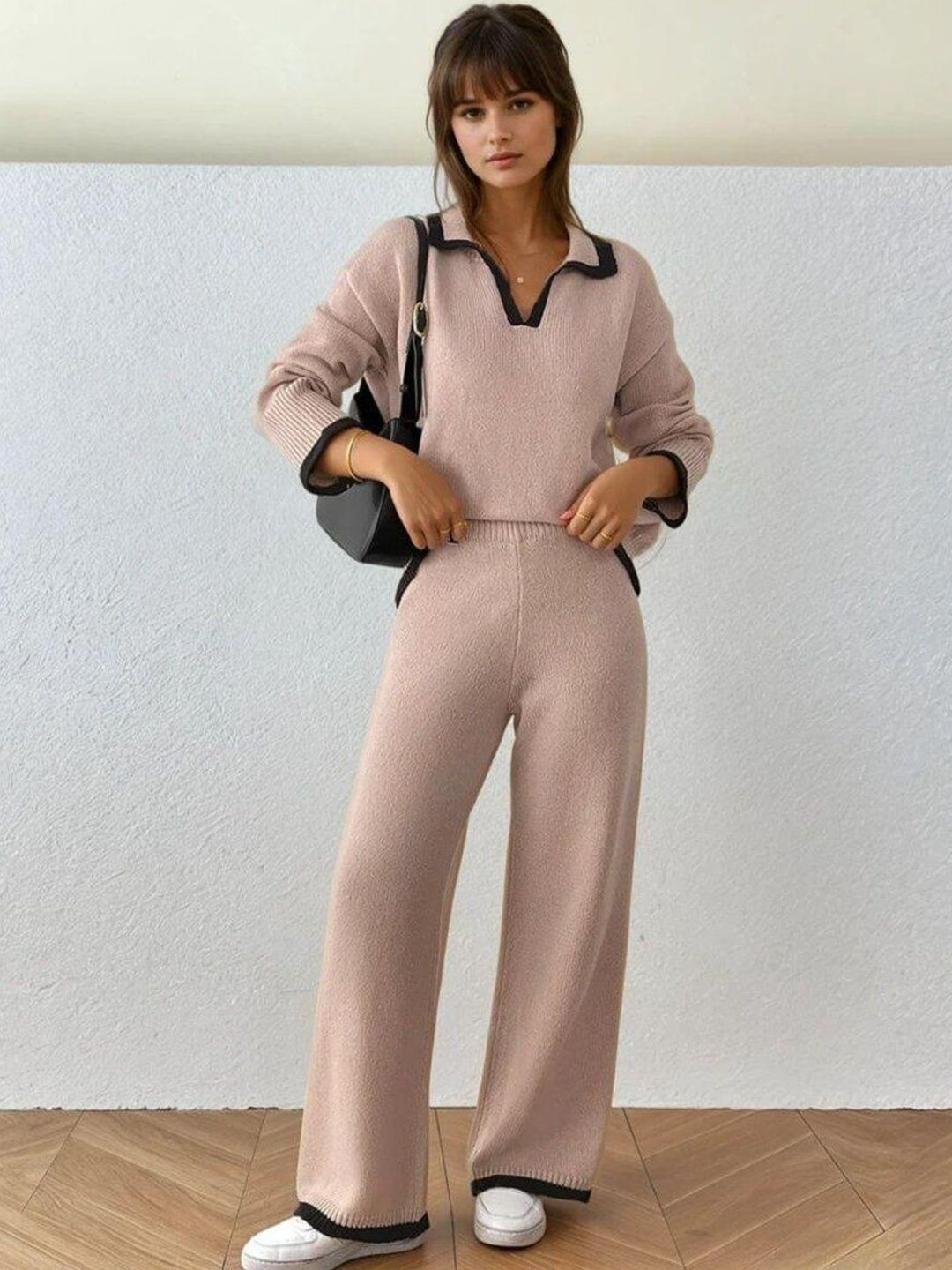 Knitted Solid Sweater with Trousers in Beige - Nowi Korean Fashion