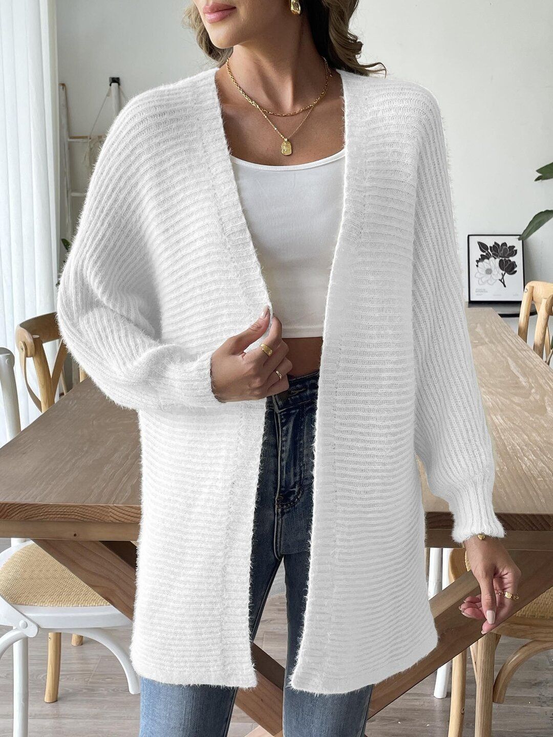 Women Ribbed Cardigan with Fuzzy Detail