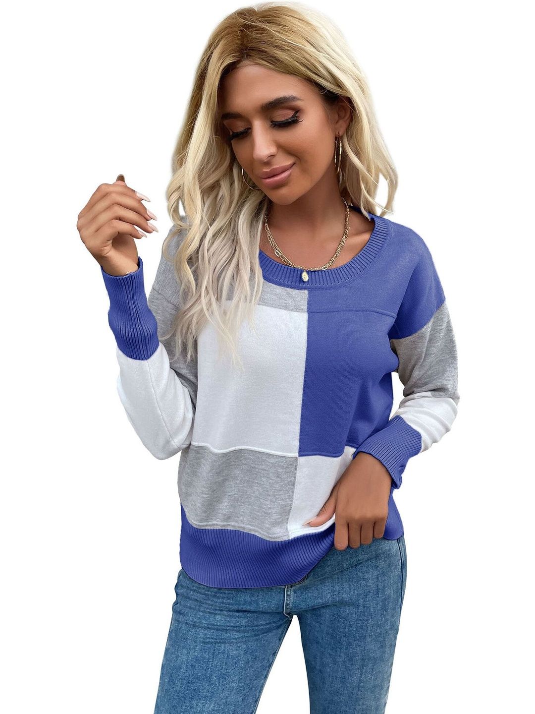 Women's Blue Colourblocked Pullover Blend