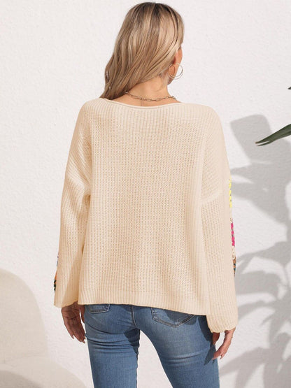 Women Colourblocked Ribbed Pullover with Embellished Detail