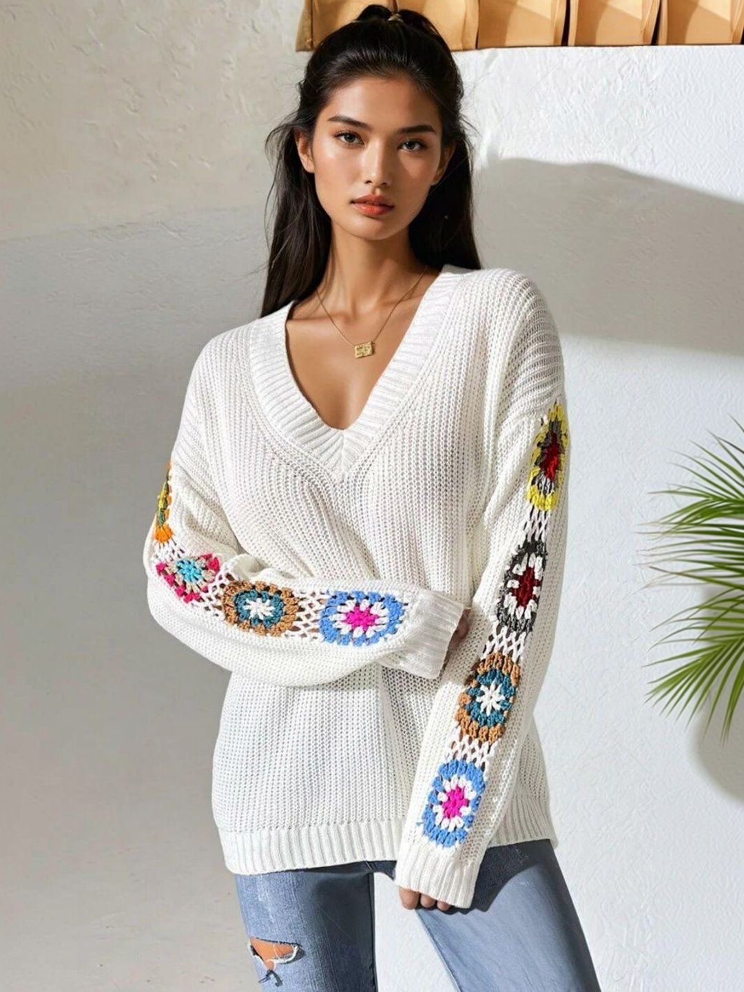 Colourblocked Ribbed Pullover in White acrylic - Nowi Korean Fashion