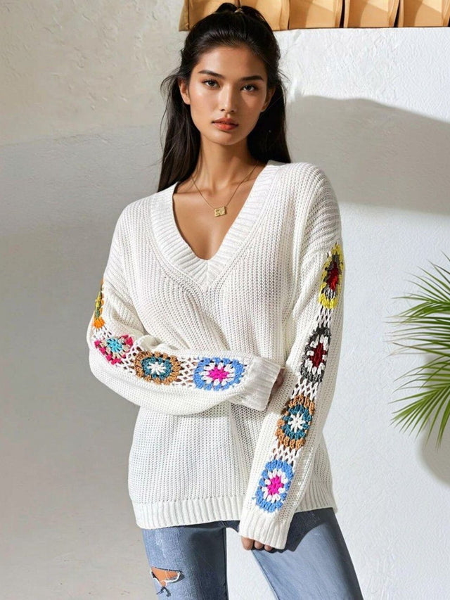 Colourblocked Ribbed Pullover in White acrylic - Nowi Korean Fashion