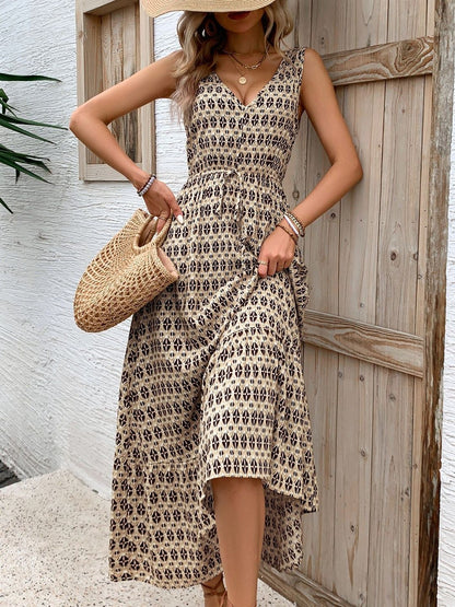 Print Fit & Flare Maxi Dress in Beige cotton Printed - Nowi Korean Fashion