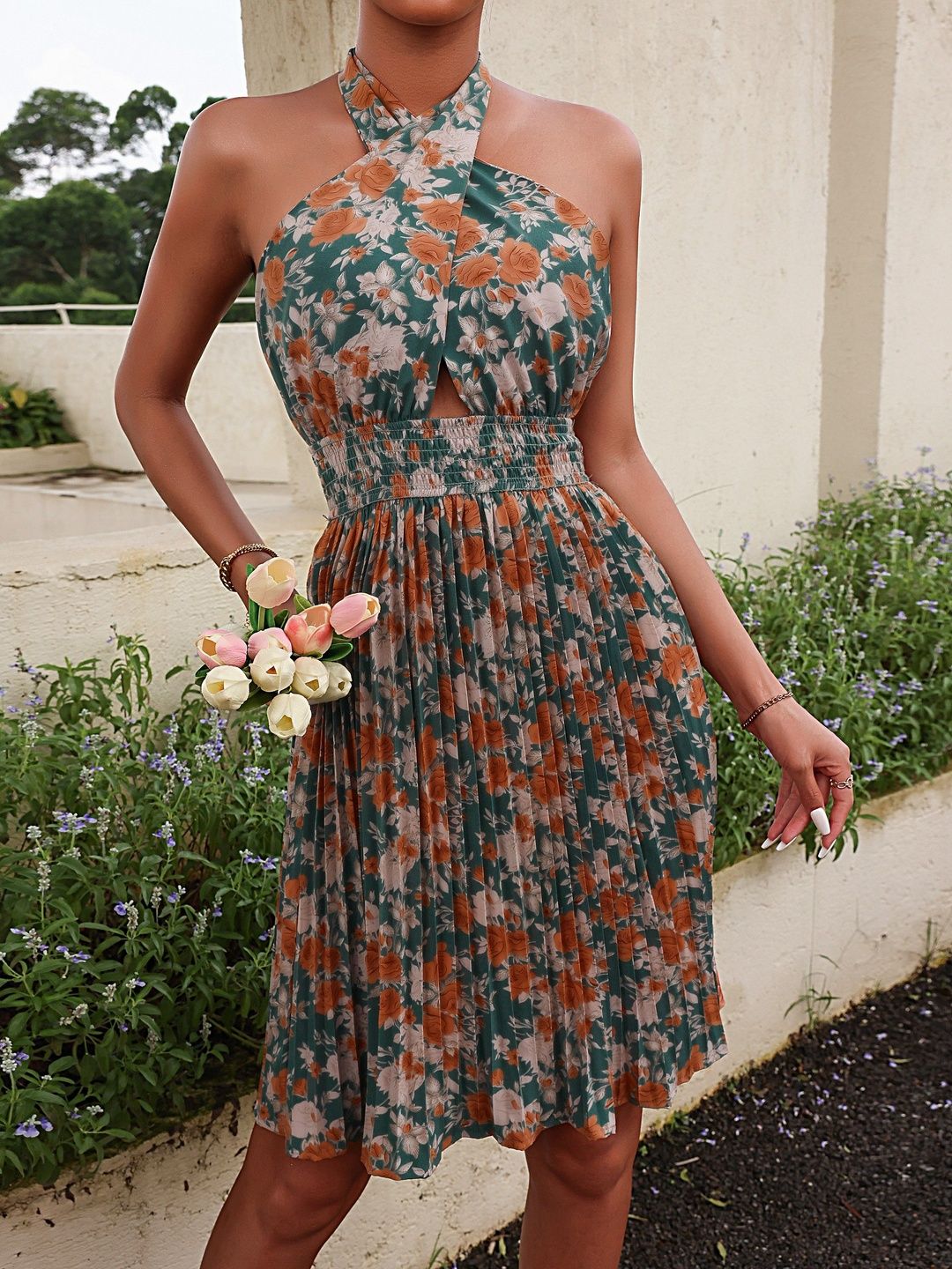 Floral Print Halter Neck Fit & Flare Dress in Green cotton - Nowi Korean Fashion