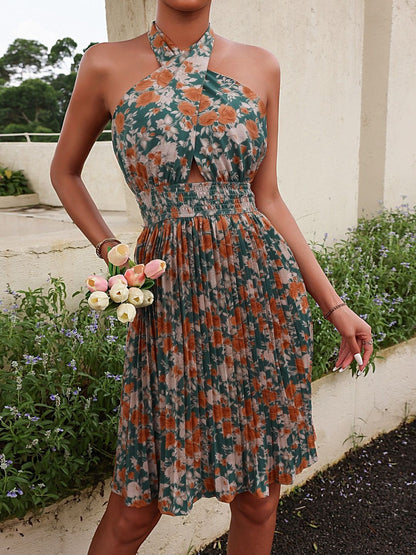 Floral Print Halter Neck Fit & Flare Dress in Green cotton - Nowi Korean Fashion