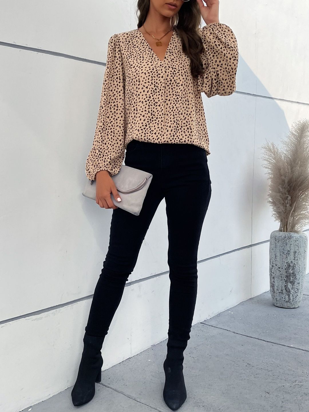 Animal Print Puff Sleeve Top in Beige - Nowi Korean Fashion