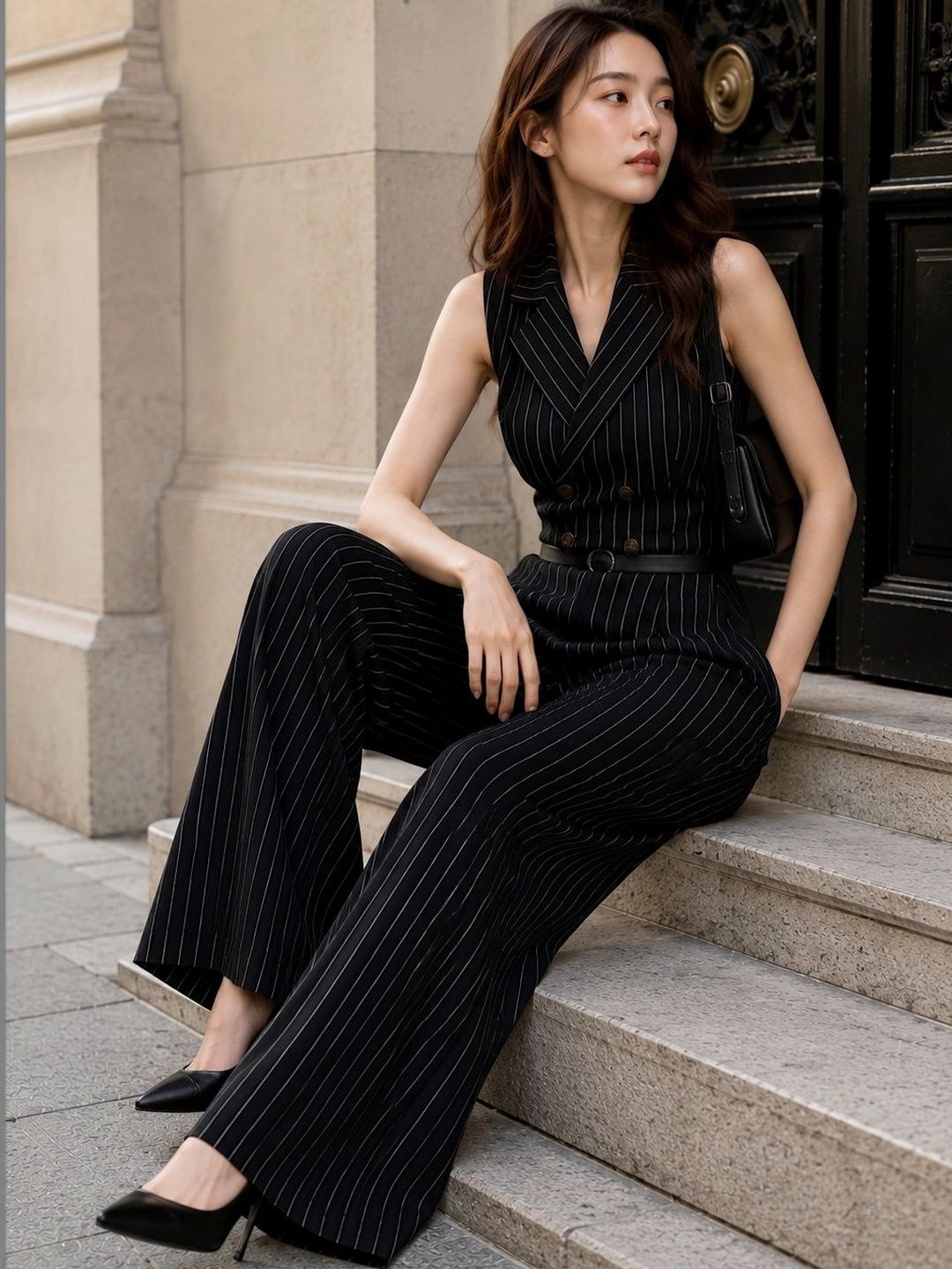 Striped V-Neck Basic Jumpsuit