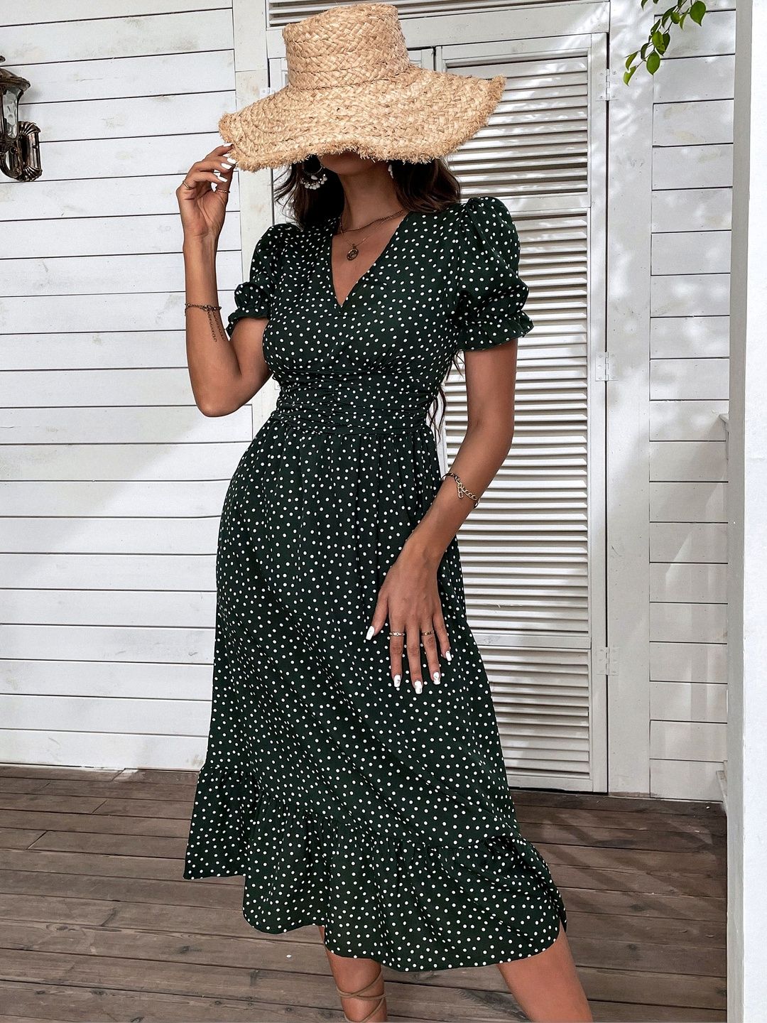 Polka Dot Print Puff Sleeve Fit & Flare Midi Dress in Green cotton Printed - Nowi Korean Fashion