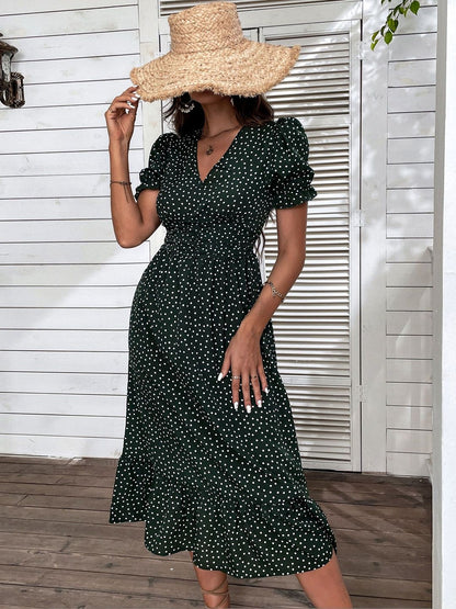 Polka Dot Print Puff Sleeve Fit & Flare Midi Dress in Green cotton Printed - Nowi Korean Fashion