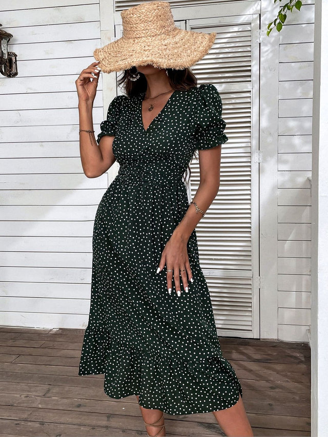 Polka Dot Print Puff Sleeve Fit & Flare Midi Dress in Green cotton Printed - Nowi Korean Fashion