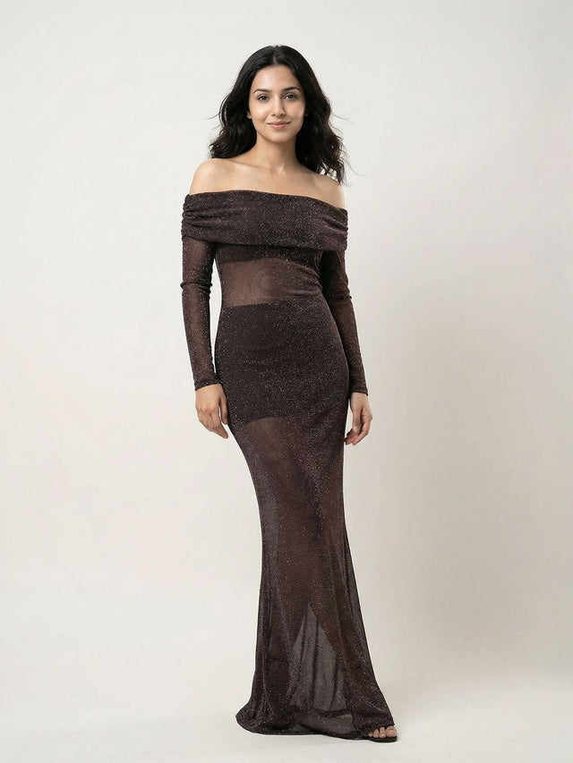 Off-Shoulder Sheath Maxi Dress in Brown - Nowi Korean Fashion