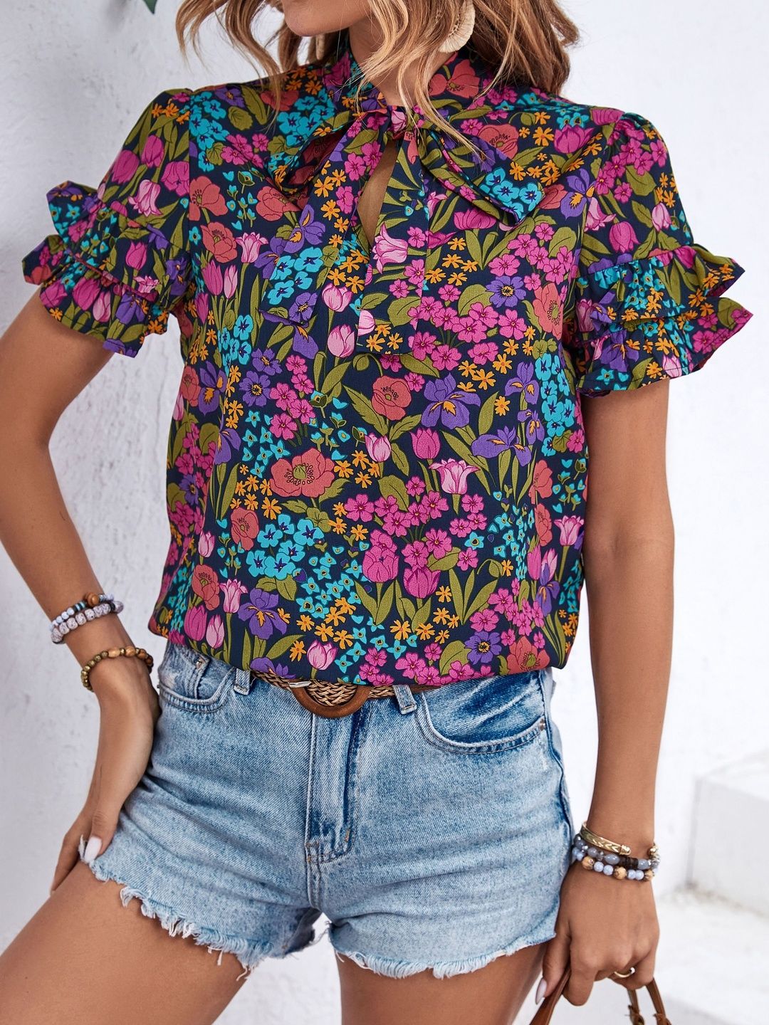 Floral Print Tie-Up Neck Flutter Sleeve Ruffles Cotton Top