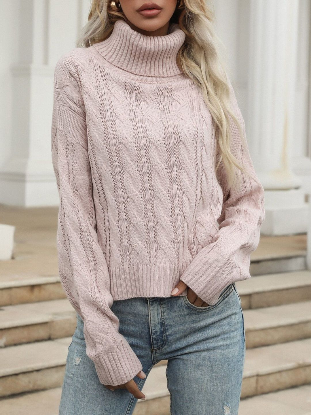 Cable Knit Pullover in Pink - Nowi Korean Fashion