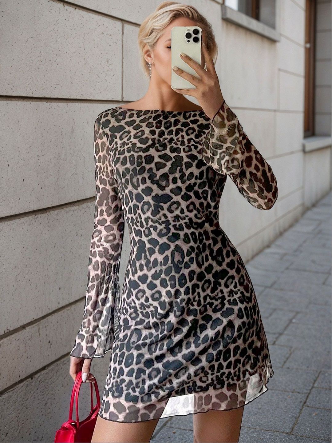 NOWI Animal Print Flared Sleeve Bodycon Mini Dress
