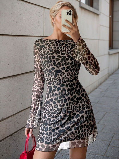 NOWI Animal Print Flared Sleeve Bodycon Mini Dress