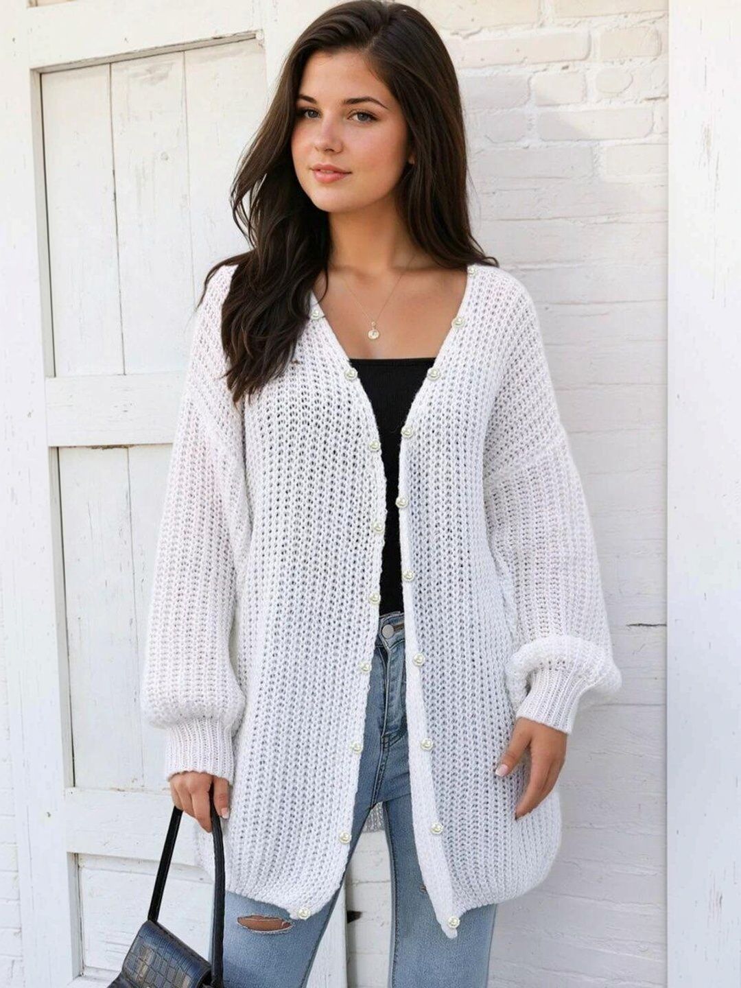 Cardigan in White acrylic - Nowi Korean Fashion