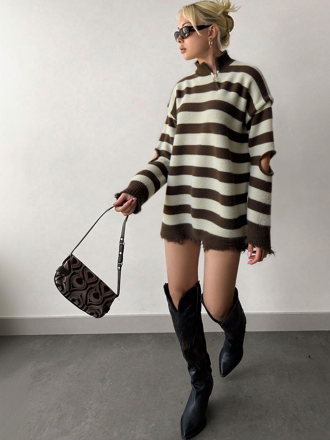 Women's Brown Striped Pullover Blend Regular Fit