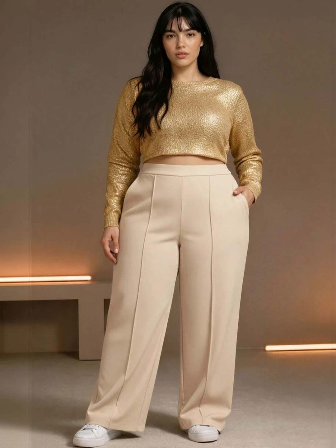 Wrinkle Free Trousers in Beige polyester Style 87 - Nowi Korean Fashion