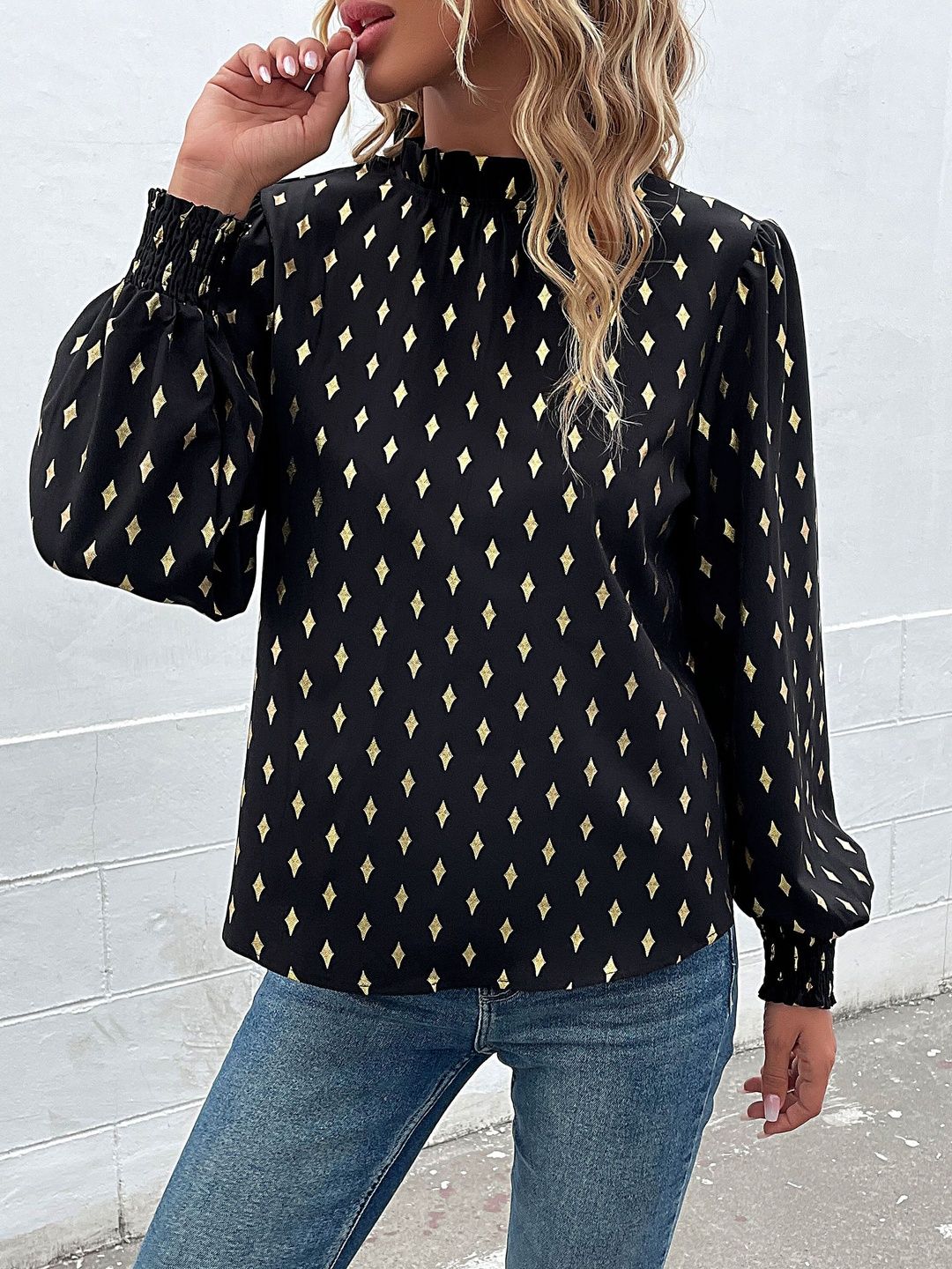 Women's Black Geometric Print Bishop Sleeves Top
