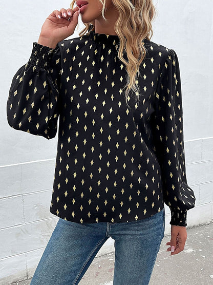 Women's Black Geometric Print Bishop Sleeves Top