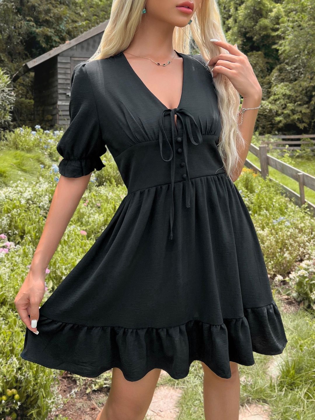 Puff Sleeve Ruffled Fit & Flare Mini Dress in Black cotton - Nowi Korean Fashion