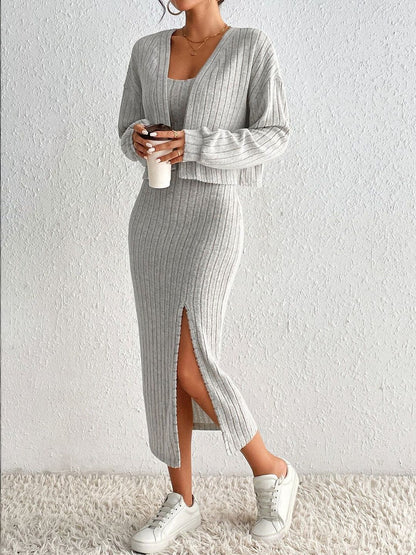 Grey Striped Co-ord Set with Sweater and Skirt