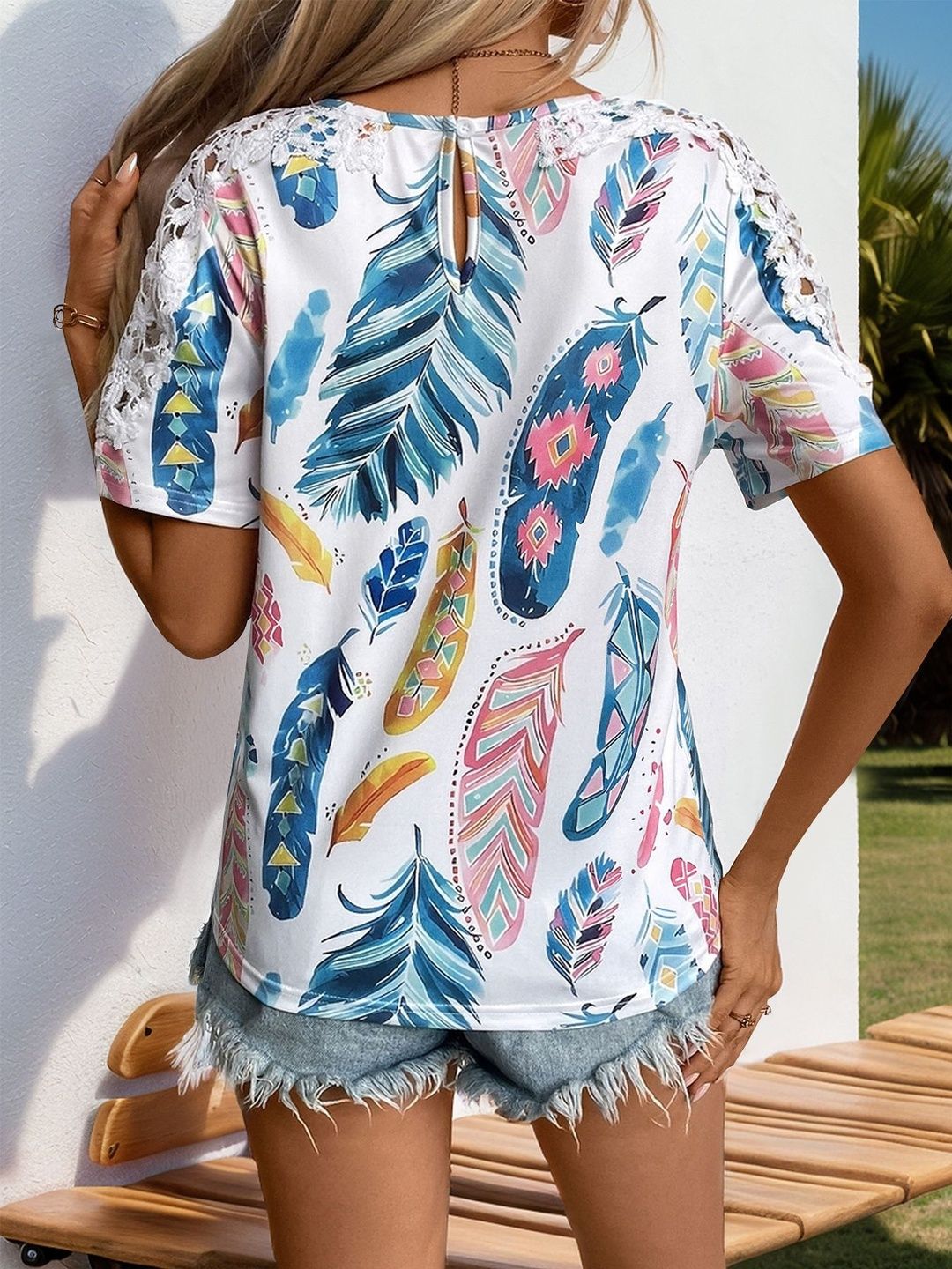Women's White Tribal Print Top with Lace Inserts