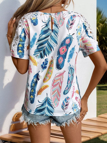 Women's White Tribal Print Top with Lace Inserts