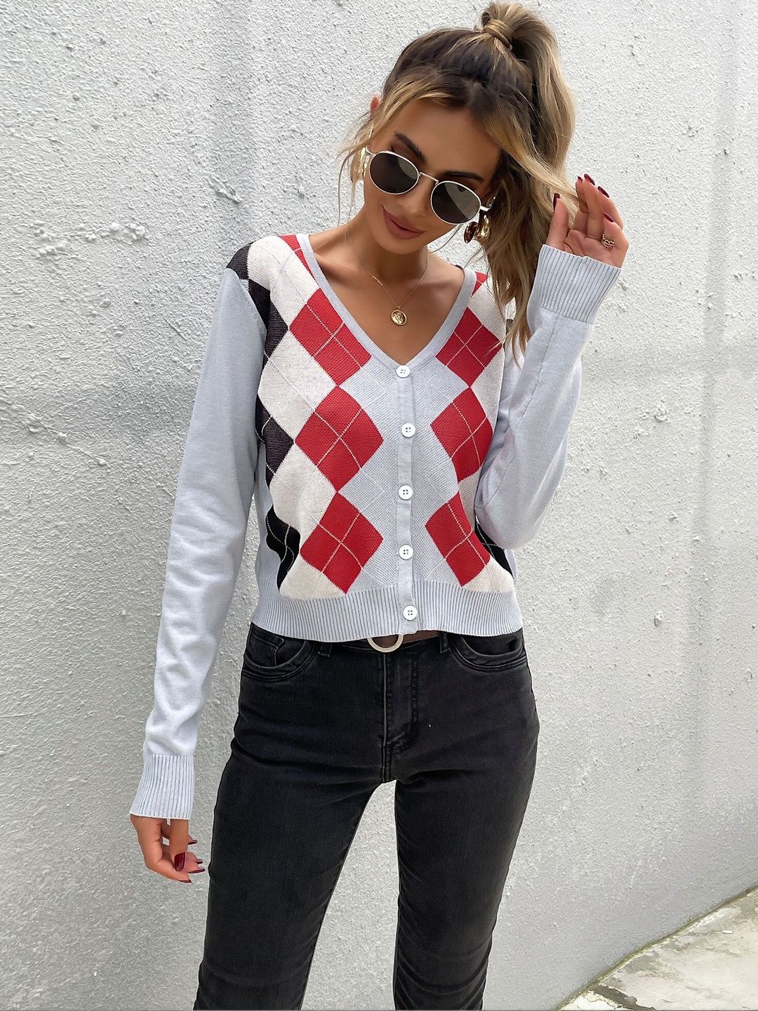 Women Argyle Checked Cardigan