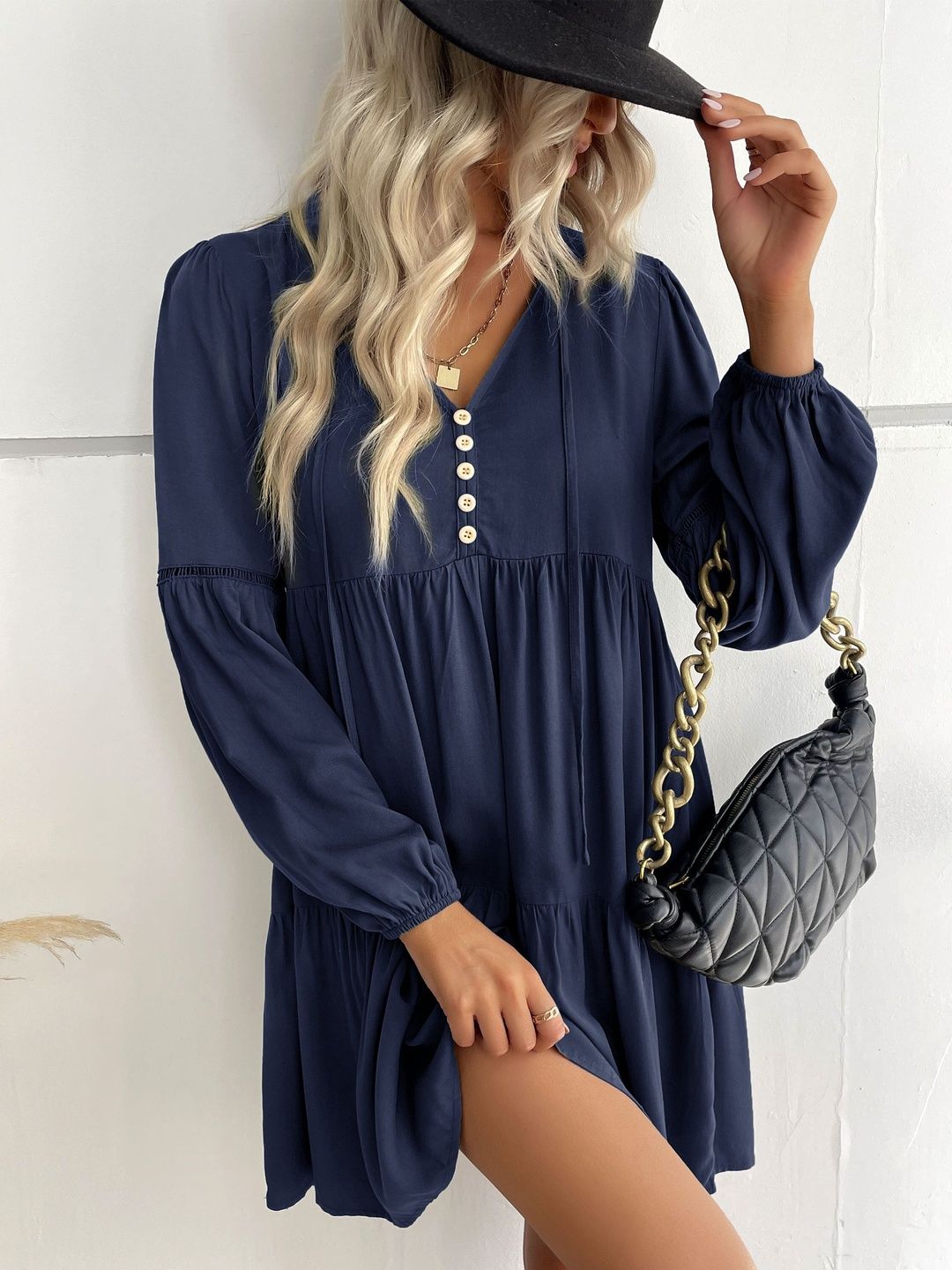 Women's Blue Nowi Puff Sleeve A-Line Dress