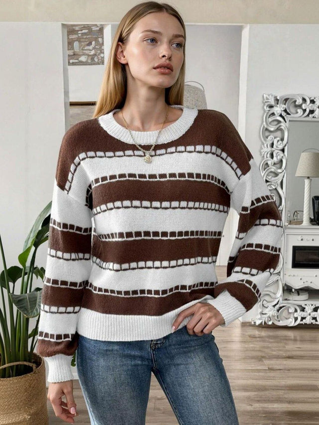 Striped Pullover in Brown acrylic Long Sleeve - Nowi Korean Fashion