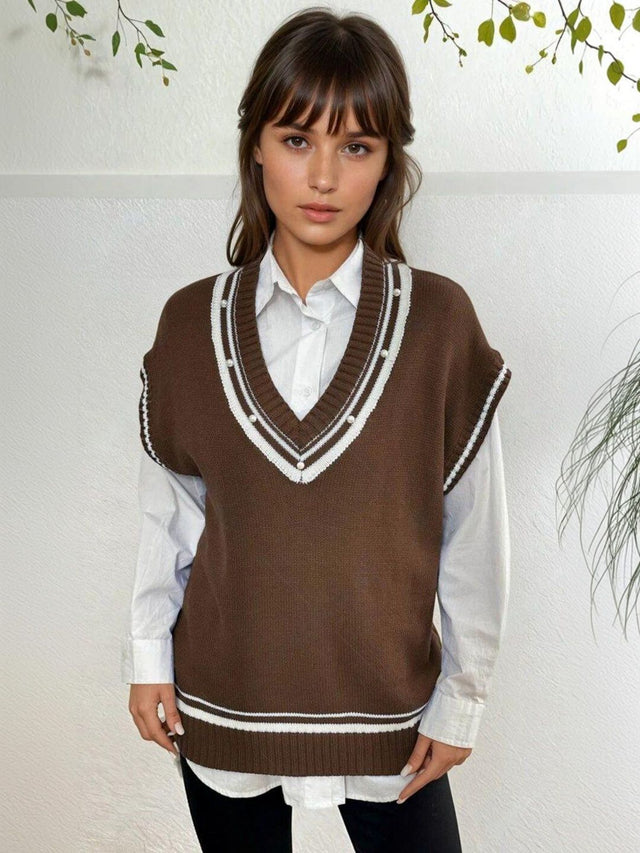 Colourblocked Sweater Vest with Embellished Detail in Brown acrylic - Nowi Korean Fashion