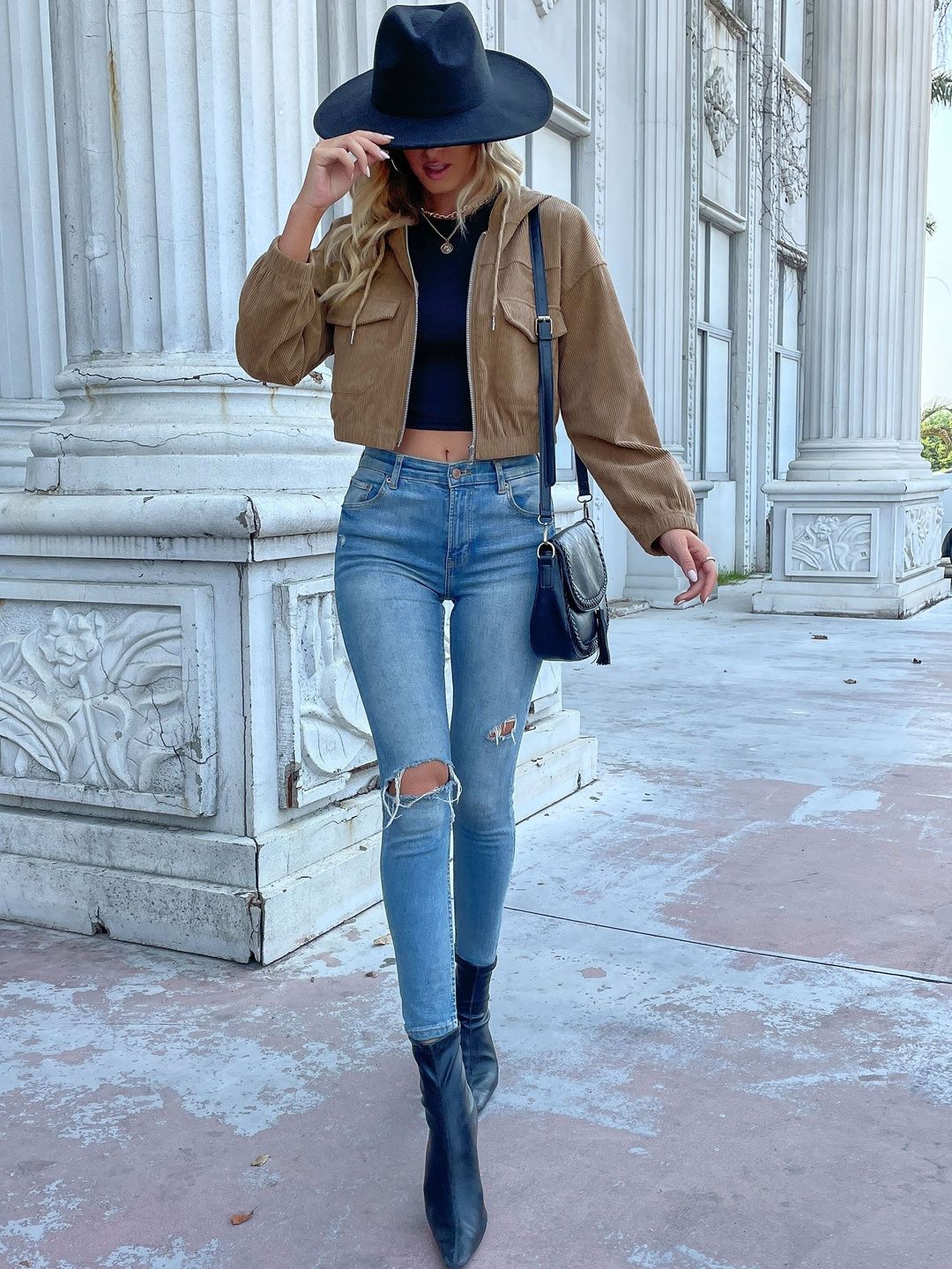 Corduroy Crop Bomber Jacket - Nowi Korean Fashion