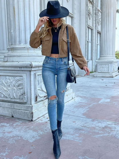 Corduroy Crop Bomber Jacket - Nowi Korean Fashion
