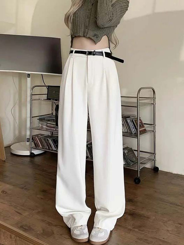 Pleated Trousers in White polyester Style 598 - Nowi Korean Fashion
