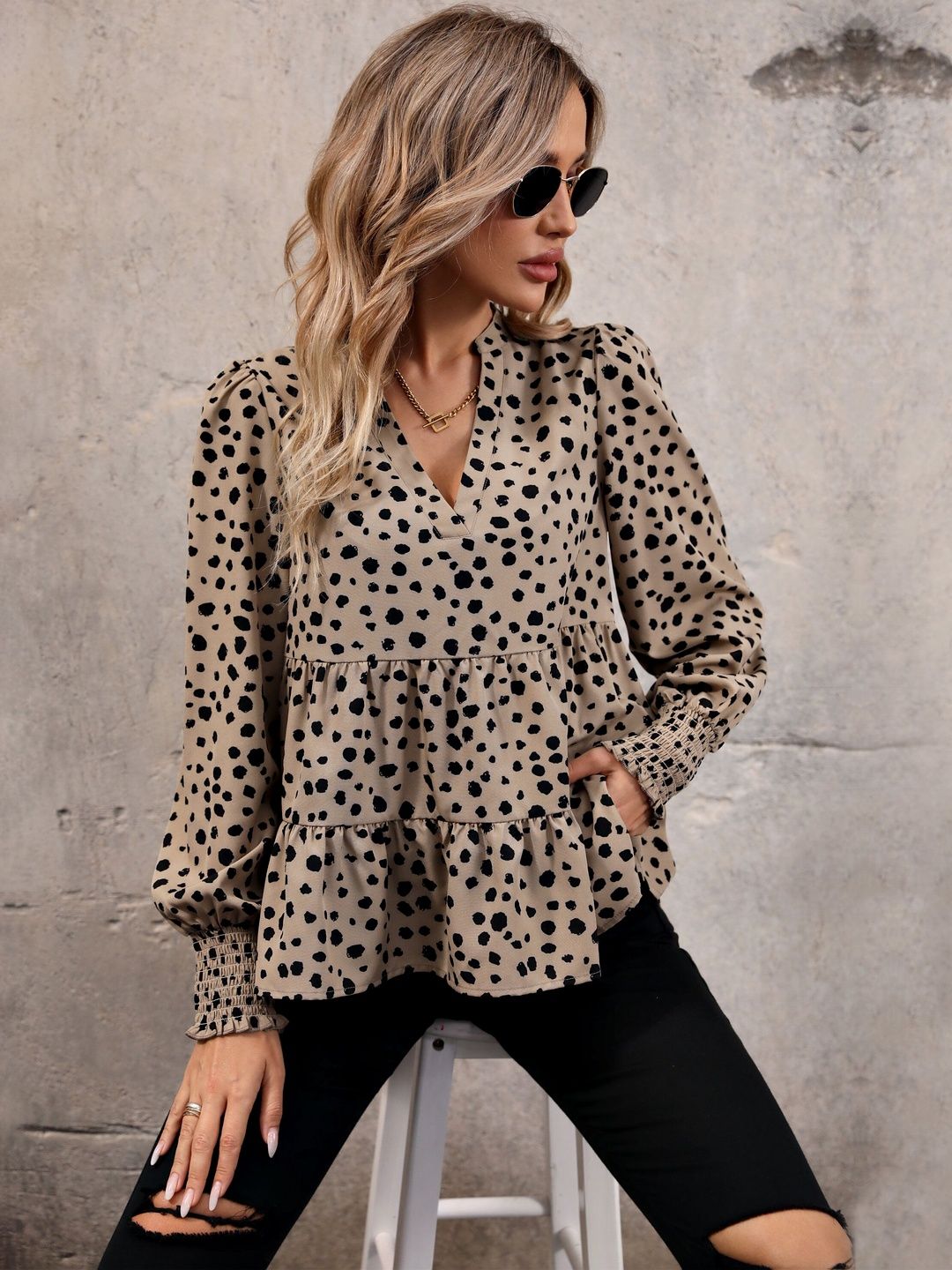 Women's Beige Animal Print Bishop Sleeves Peplum Top