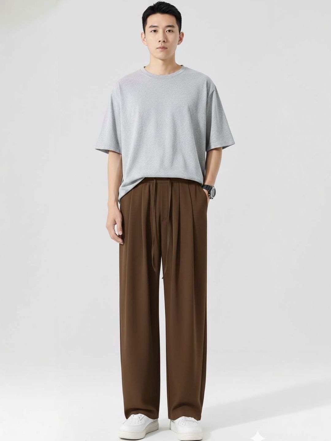 Wrinkle Free Pleated Trousers in Brown cotton - Nowi Korean Fashion