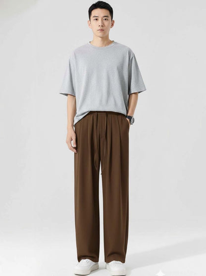 Wrinkle Free Pleated Trousers in Brown cotton - Nowi Korean Fashion